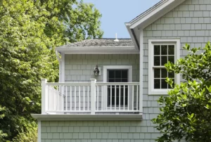 A residential house with a balcony adorned by a white railing, highlighting its inviting exterior.